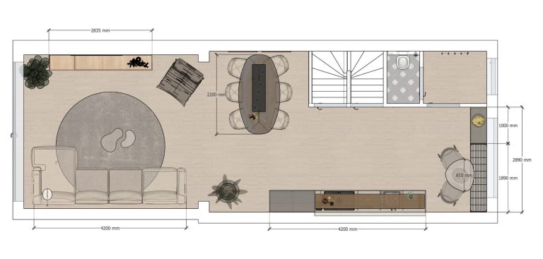 Plattegrond van een woonkamer met eet- en zitgedeelte, open keuken en grote ramen.